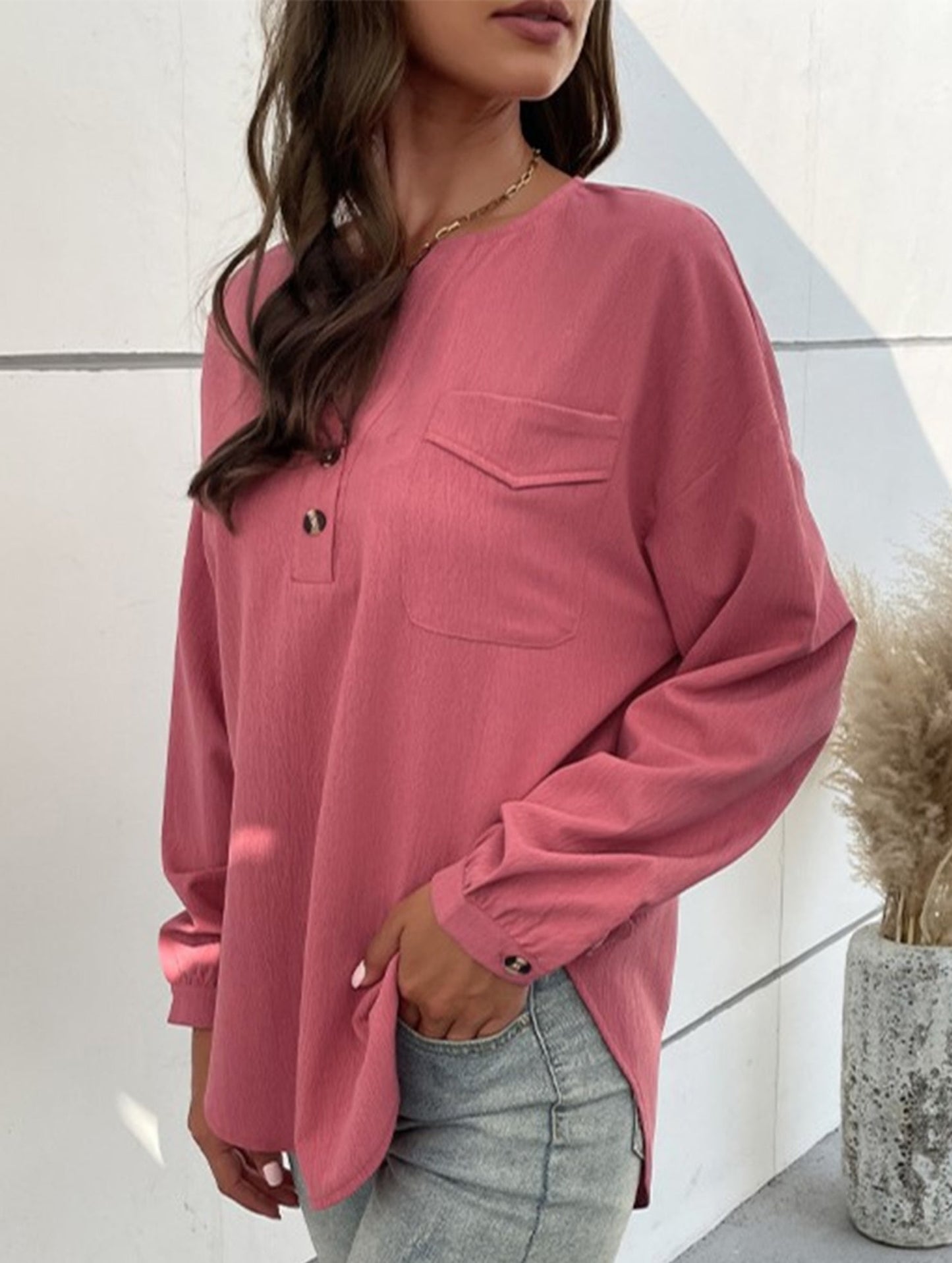 Crewneck Button-Pocket Casual Long-Sleeved Shirt
