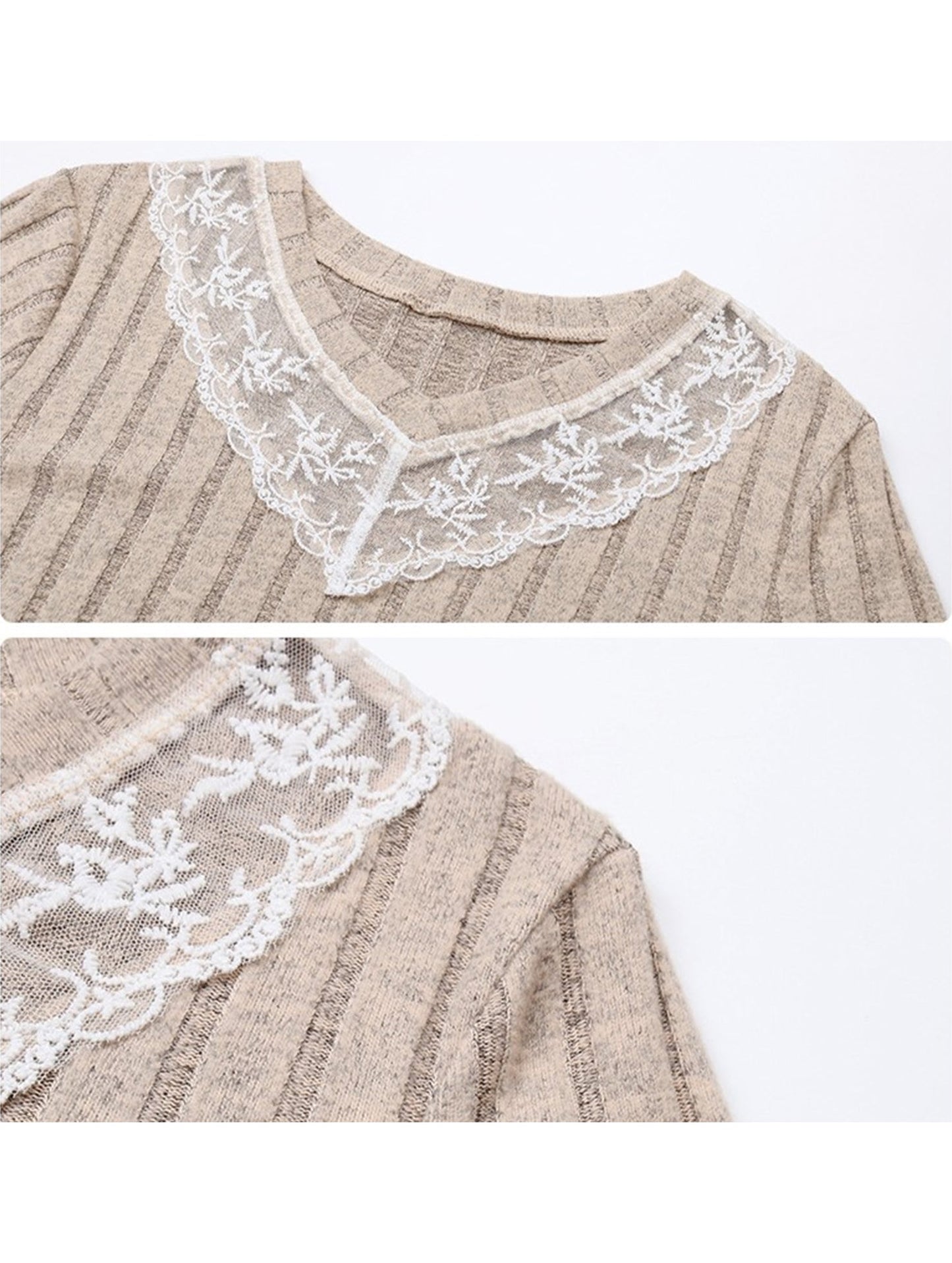 Casual Lace Panelled V-Neck Long-Sleeved Top