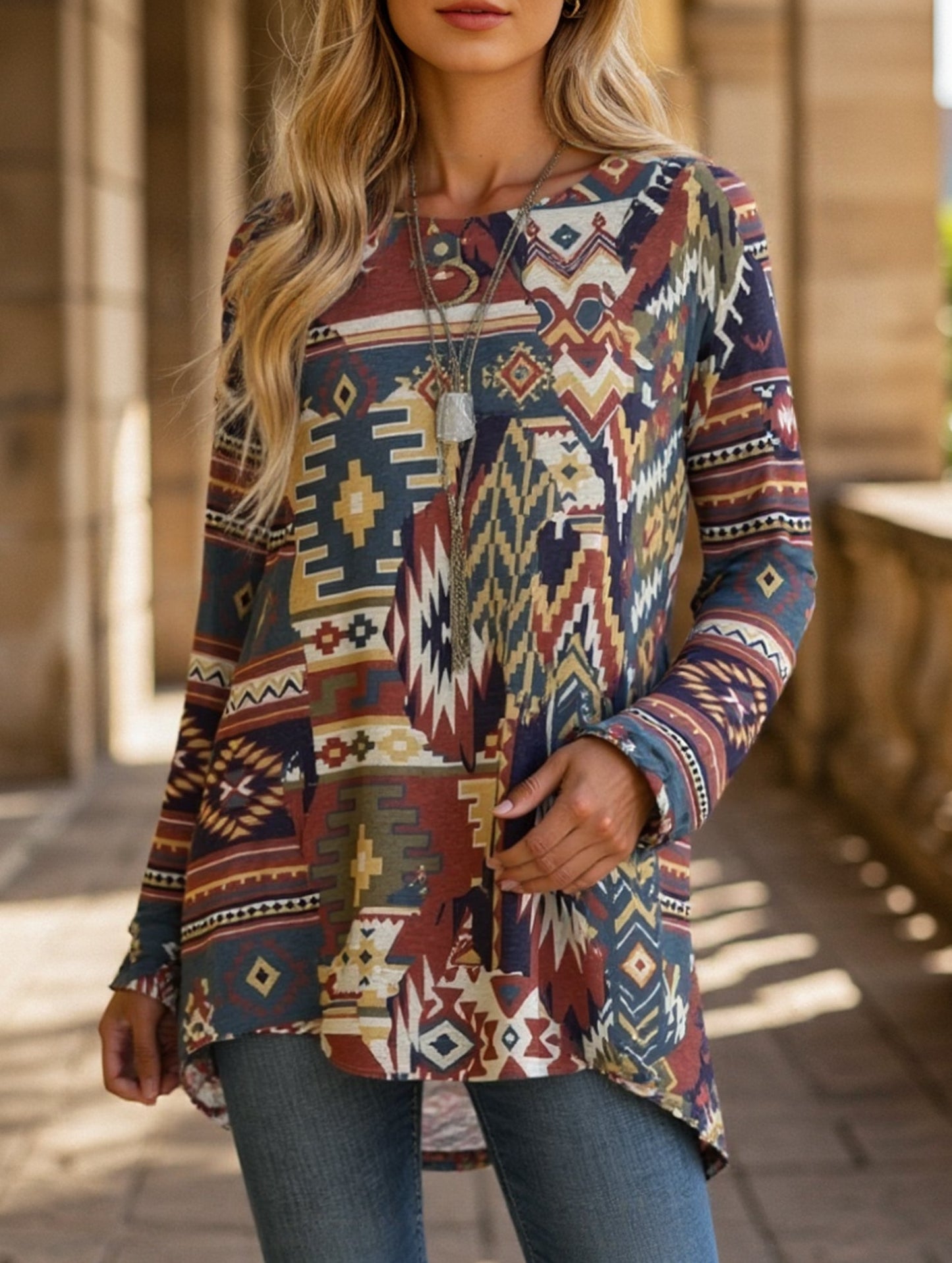 Round Neck 3D Printed Long Sleeve T-Shirt