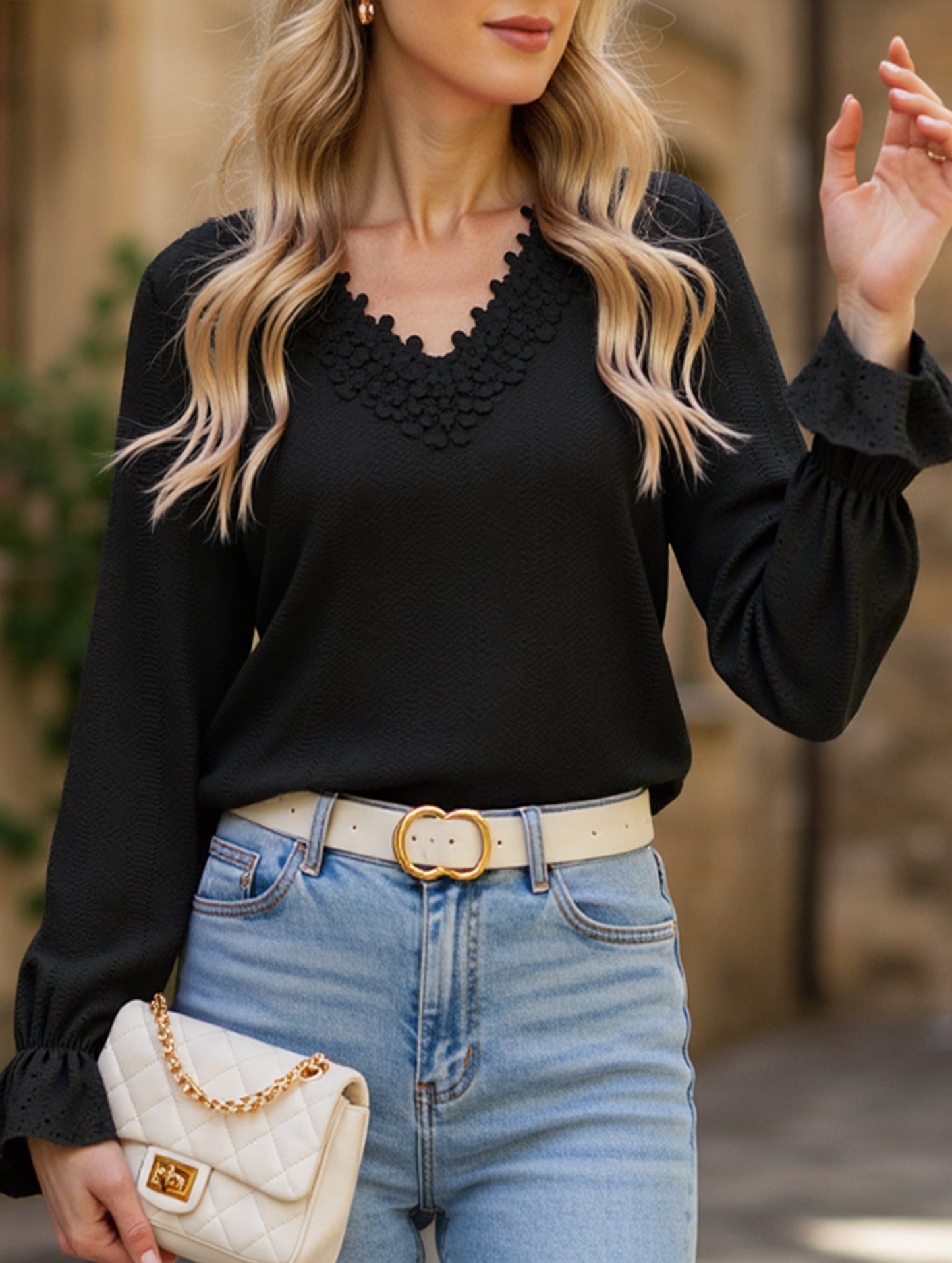 Vintage Hollow Crochet V-Neck Long Sleeve Shirt
