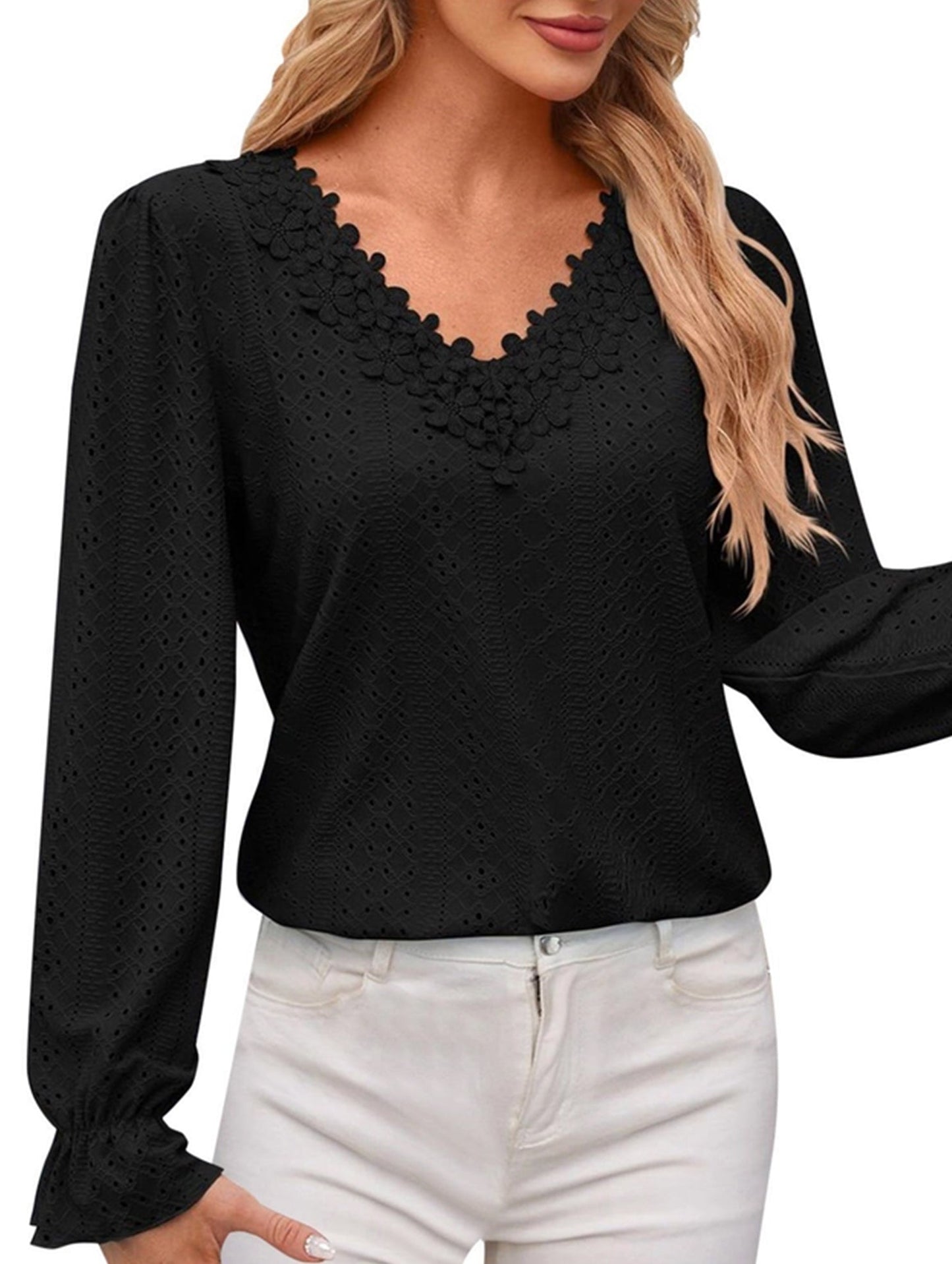 Vintage Hollow Crochet V-Neck Long Sleeve Shirt
