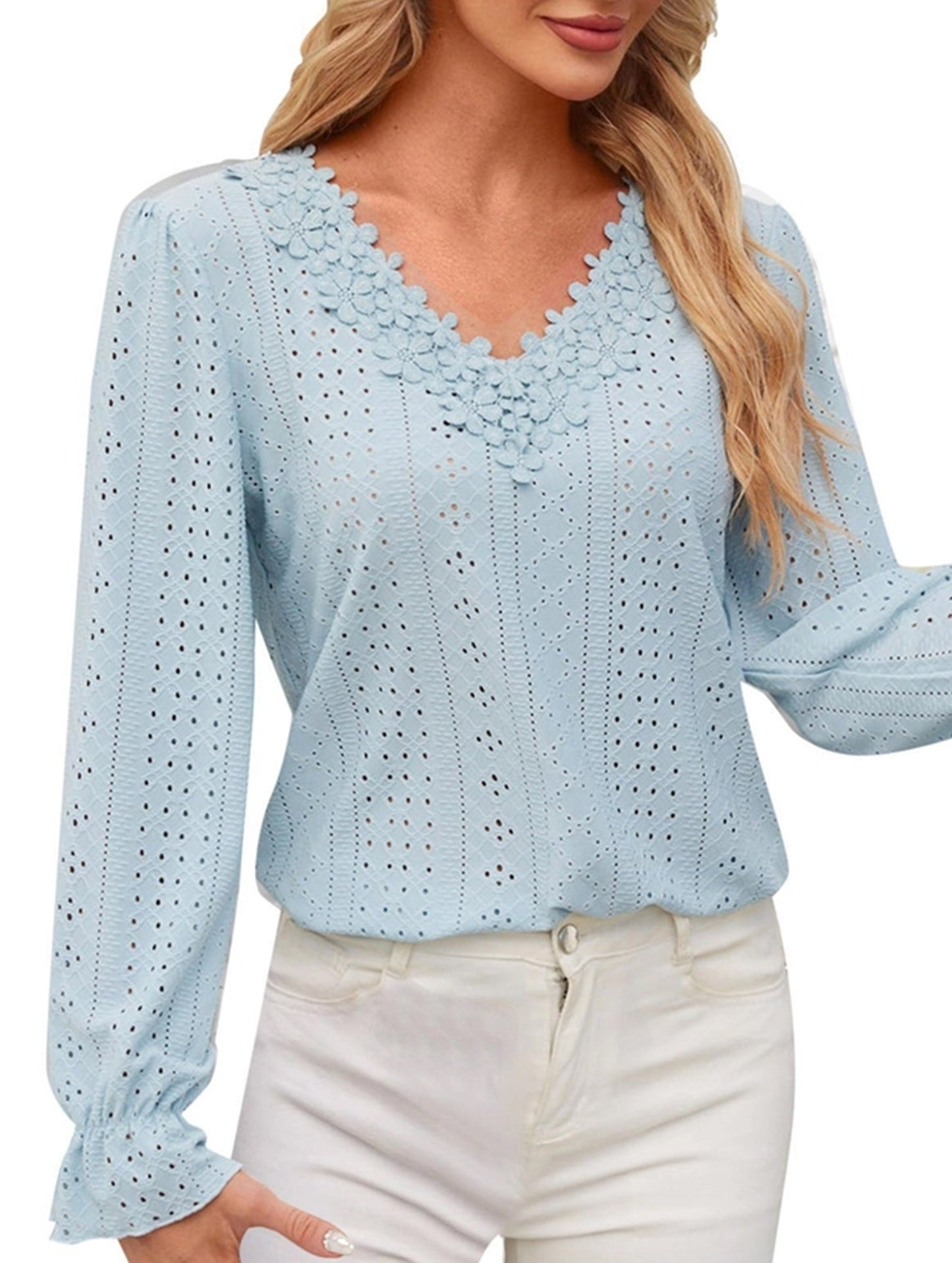 Vintage Hollow Crochet V-Neck Long Sleeve Shirt