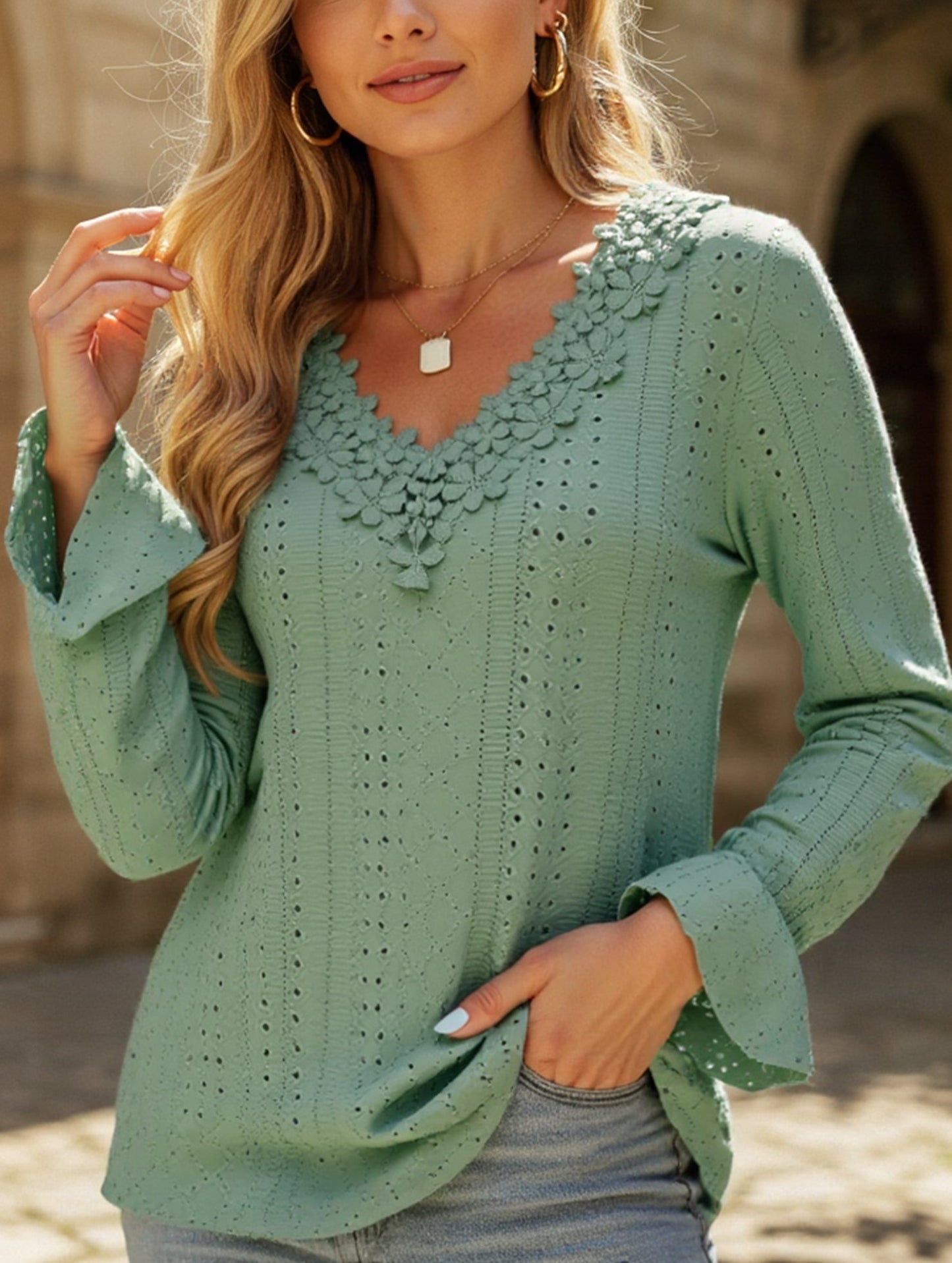 Vintage Hollow Crochet V-Neck Long Sleeve Shirt