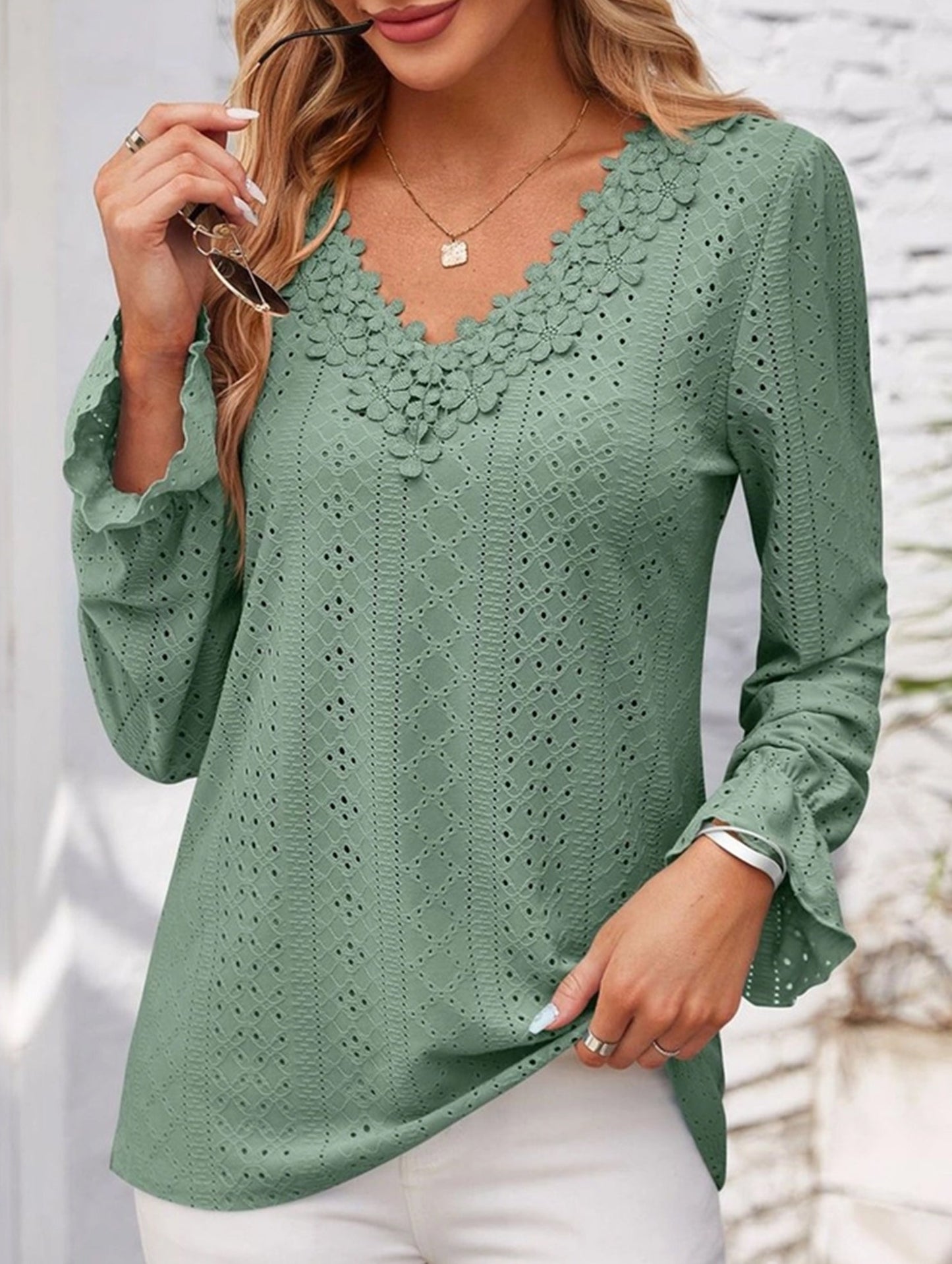 Vintage Hollow Crochet V-Neck Long Sleeve Shirt