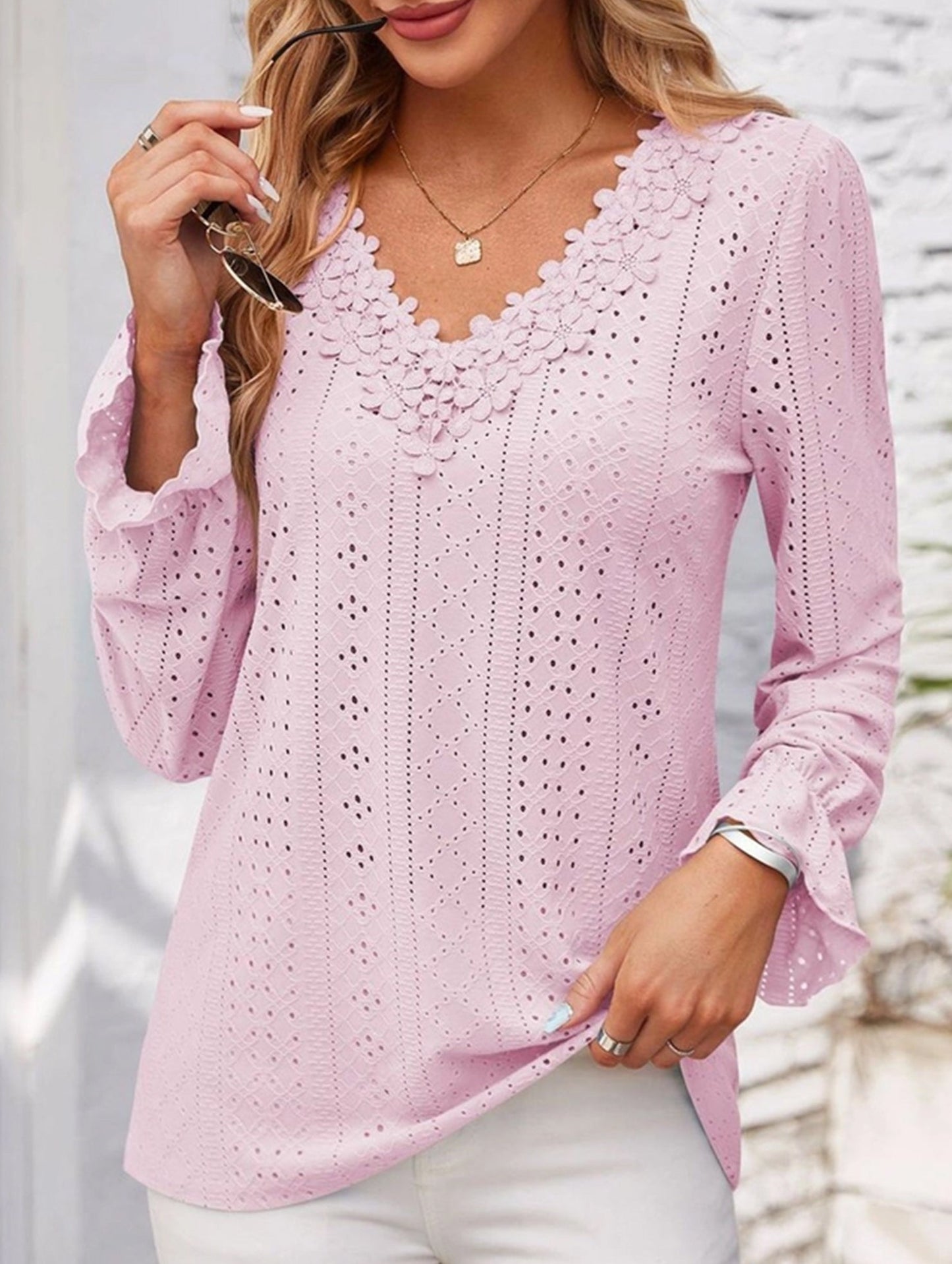 Vintage Hollow Crochet V-Neck Long Sleeve Shirt