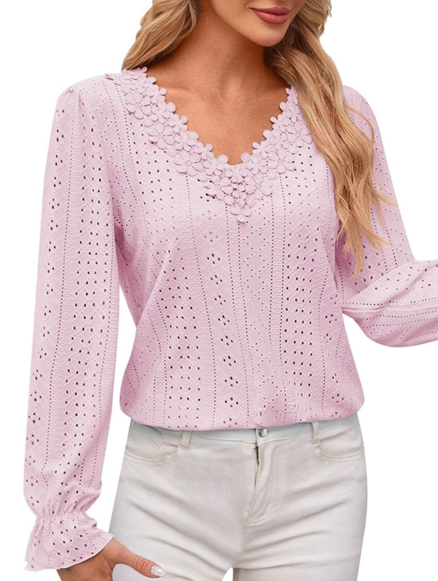 Vintage Hollow Crochet V-Neck Long Sleeve Shirt