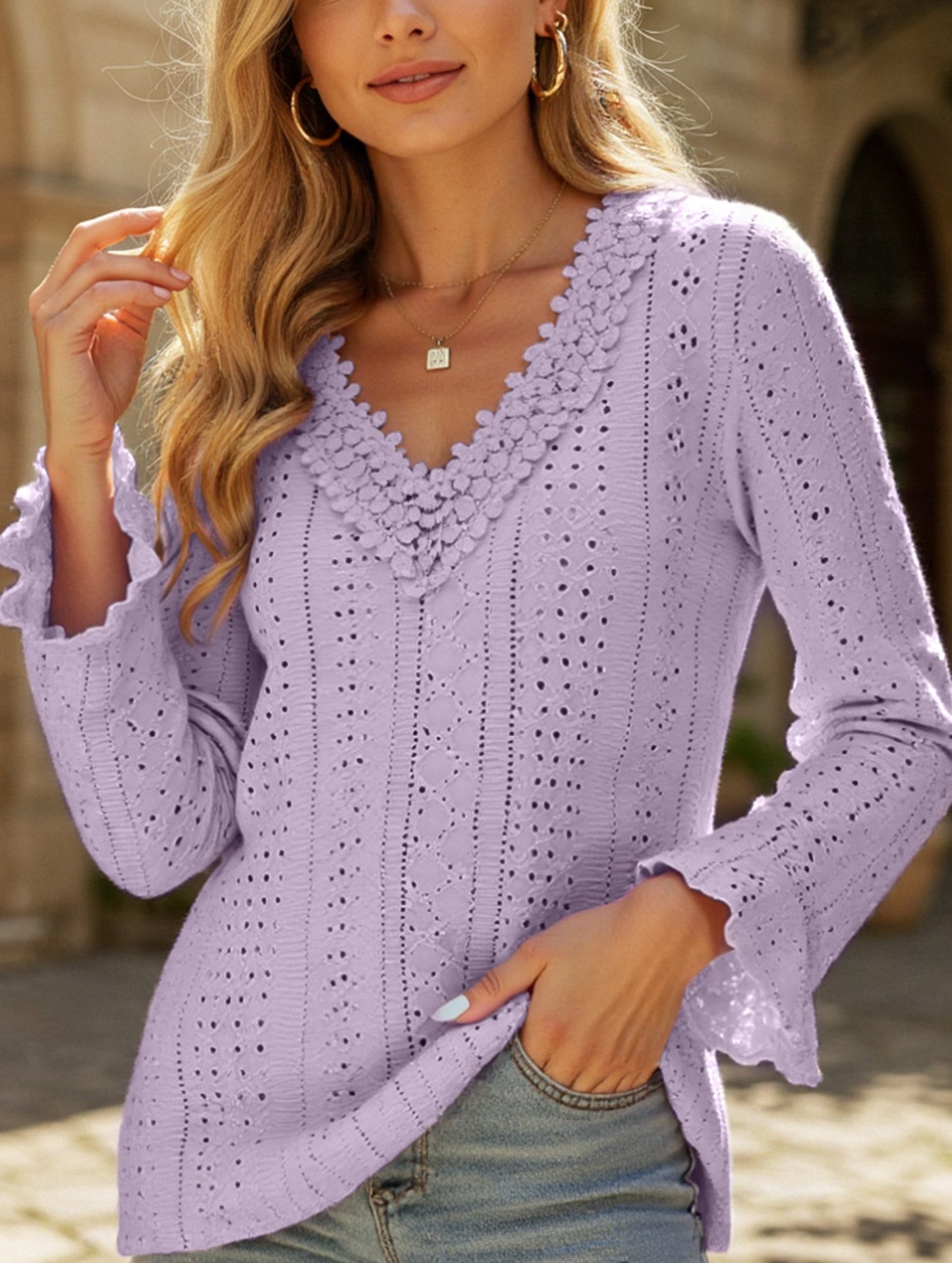 Vintage Hollow Crochet V-Neck Long Sleeve Shirt
