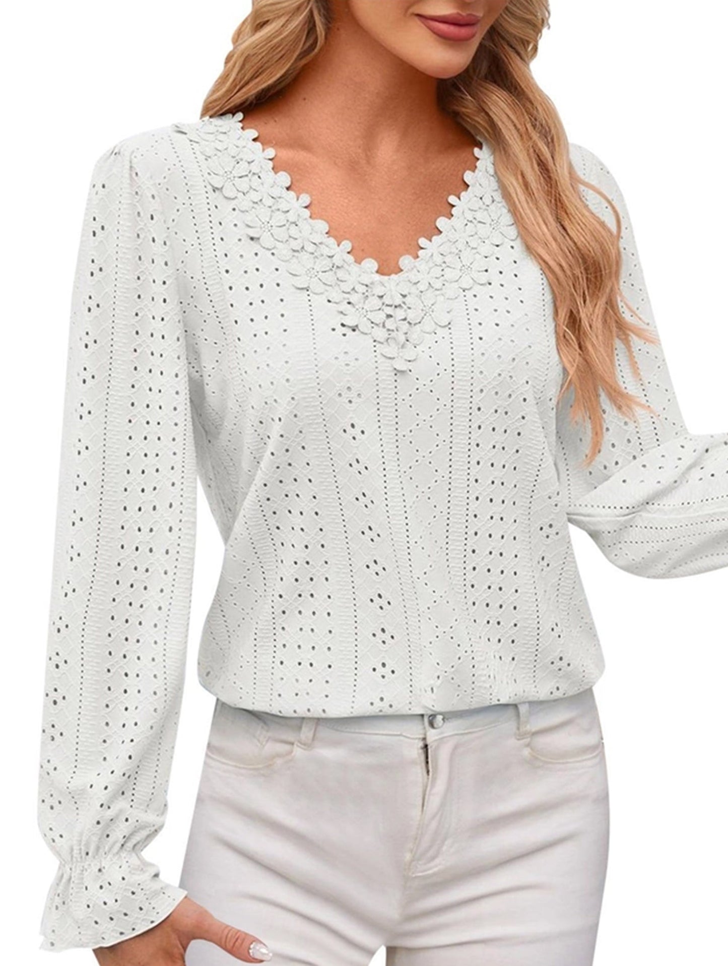 Vintage Hollow Crochet V-Neck Long Sleeve Shirt