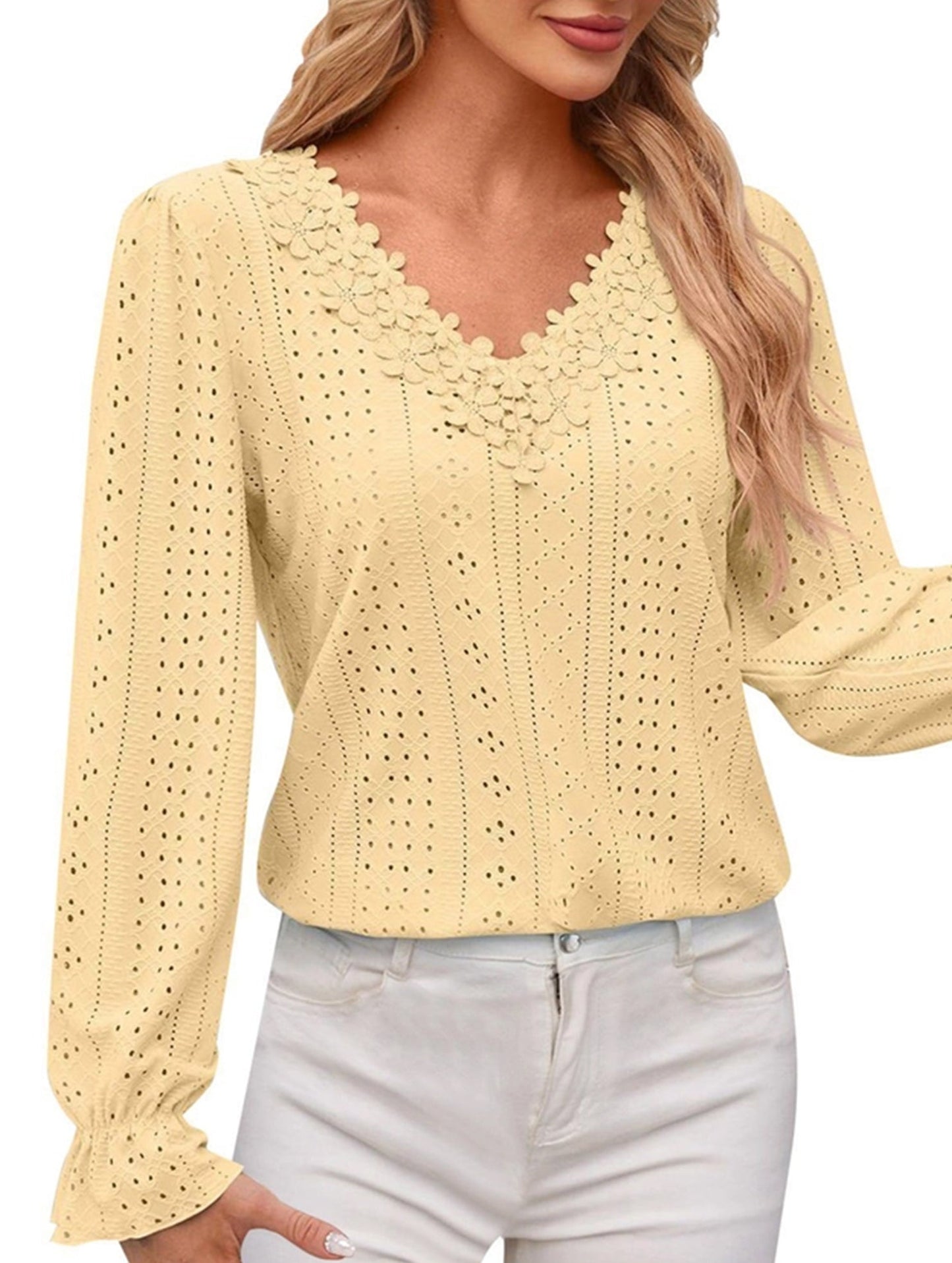 Vintage Hollow Crochet V-Neck Long Sleeve Shirt