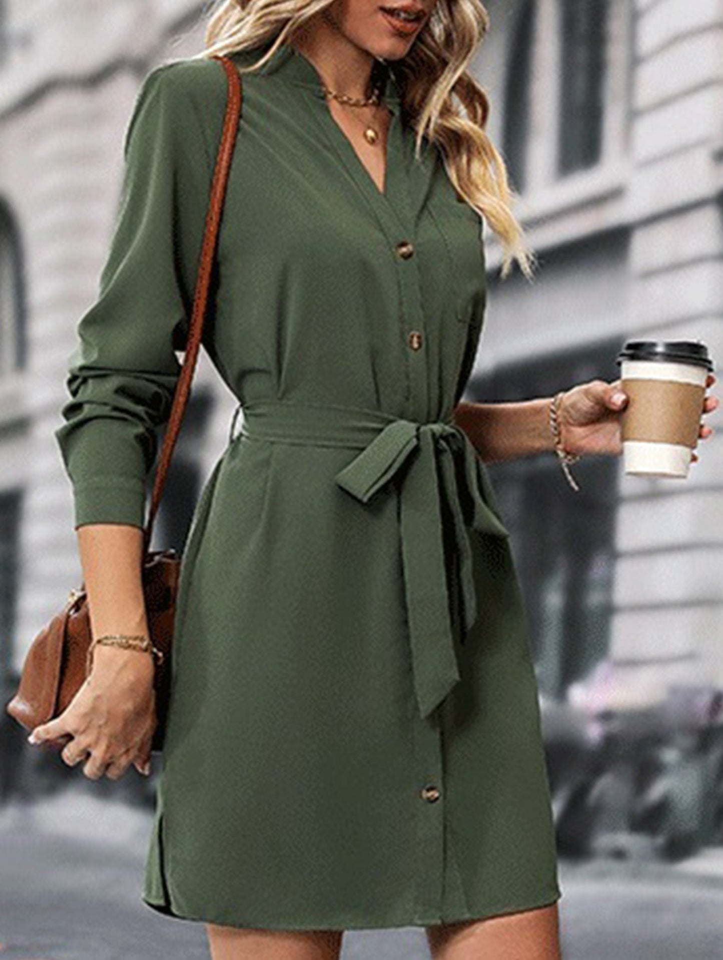 Solid color long-sleeved dress