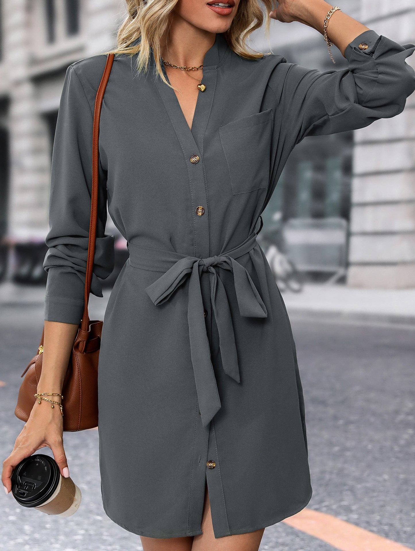 Solid color long-sleeved dress