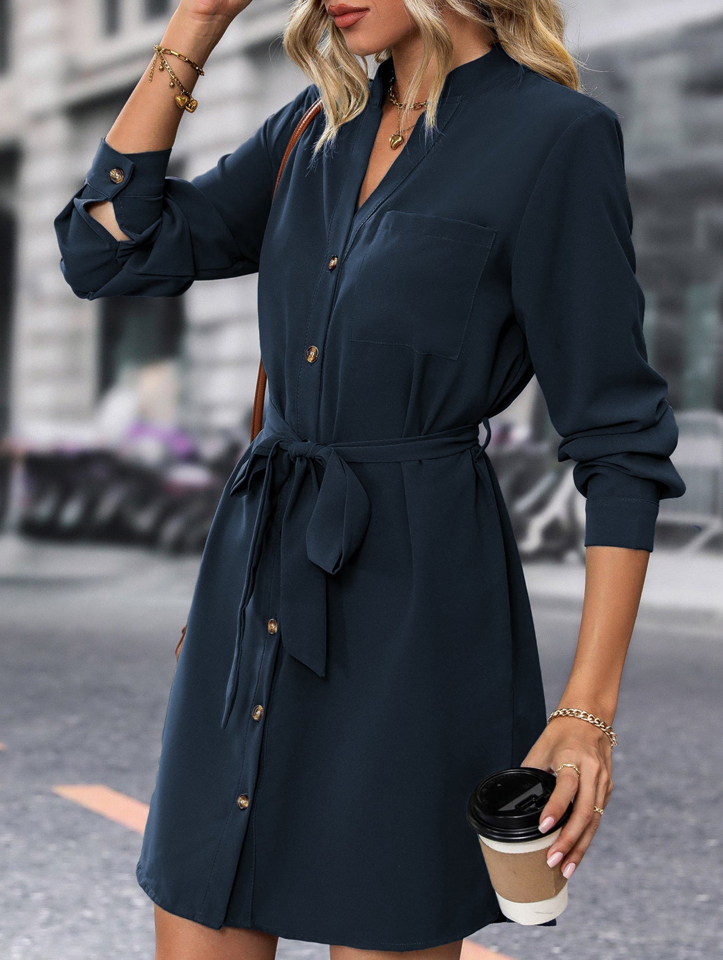 Solid color long-sleeved dress