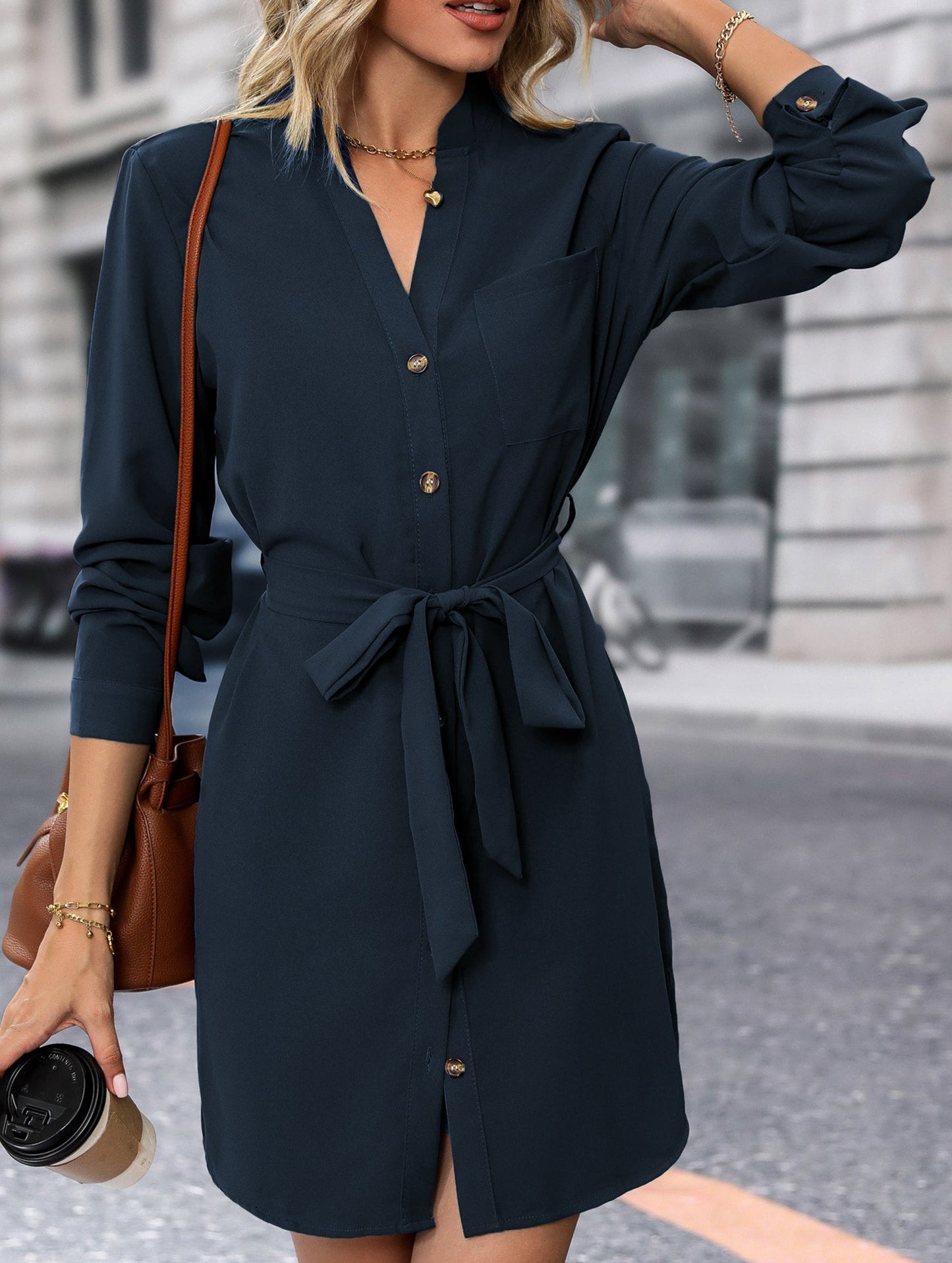 Solid color long-sleeved dress