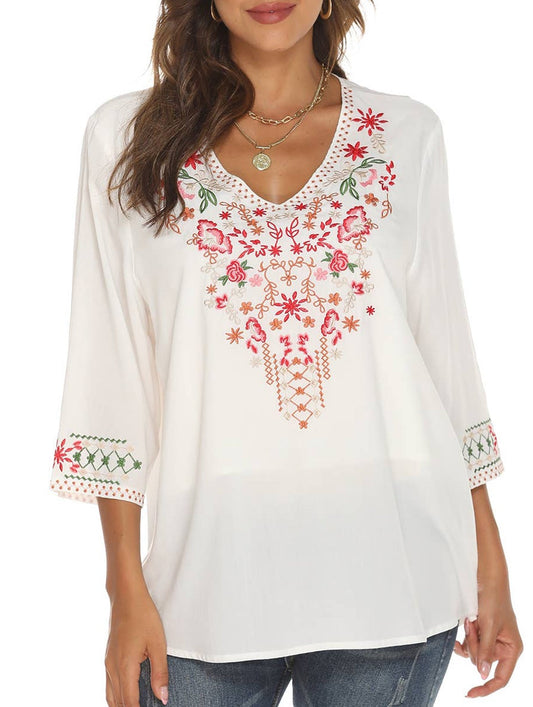 COTTON LOOSE DEEP V EMBROIDERED TOP_CWTBLL0818