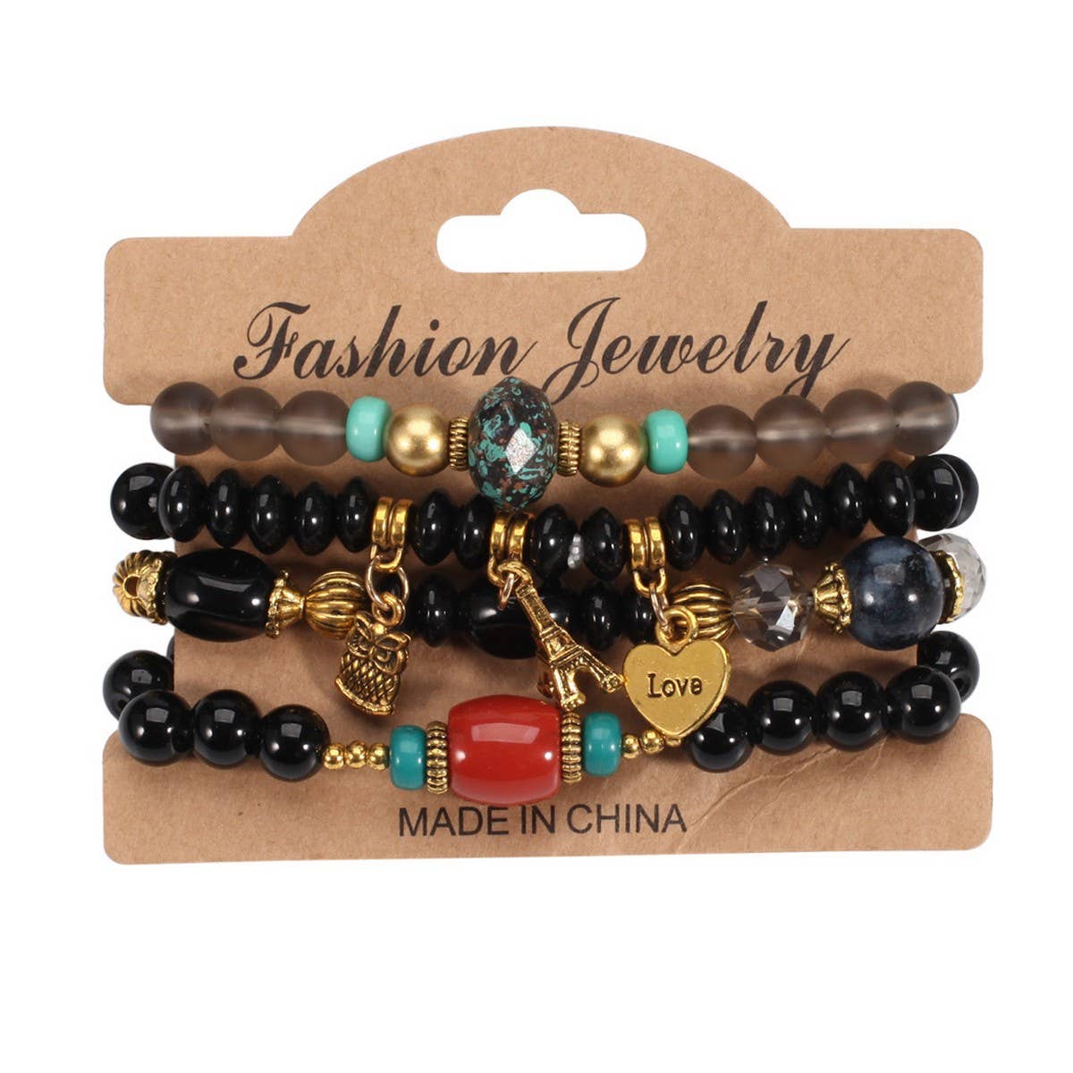 CWAJE05705_BOHO MULTI LAYER BEADED OWL EIFFEL BRACELET