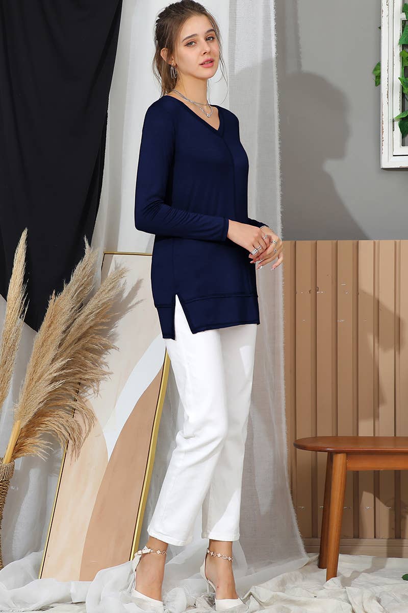 SOLID V NECK LONG SLEEVED SHIRT_CWTTL1434