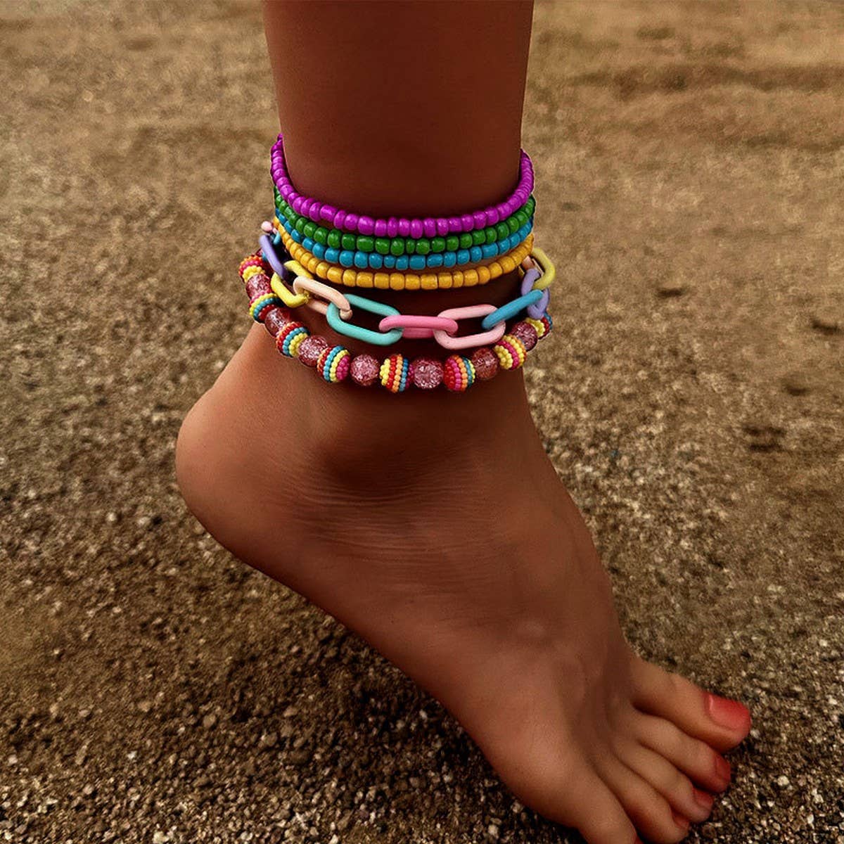 Boho Multicolor Beaded Anklet Chain Set_CWMM6363