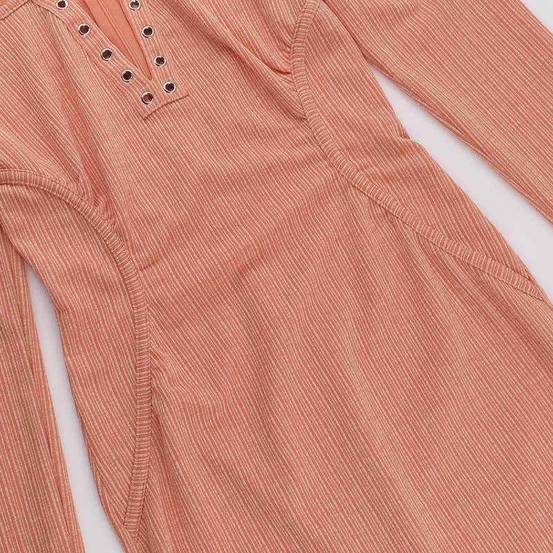 SLIM KNIT MACHINE EYE V-NECK LONG SLEEVE DRESS