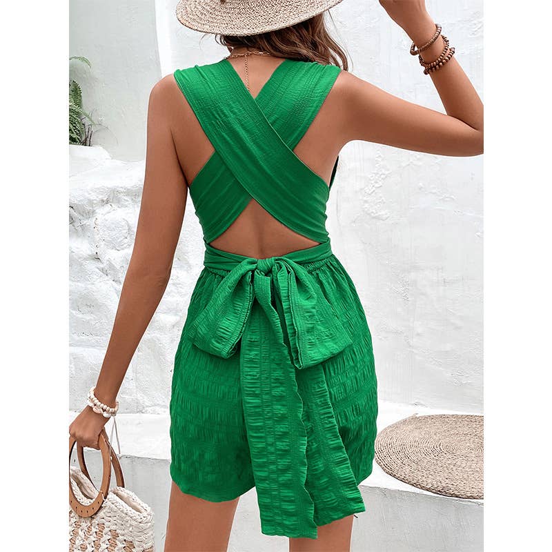 V-NECK BACK CROSS SOLID COLOR CUTOUT ROMPER