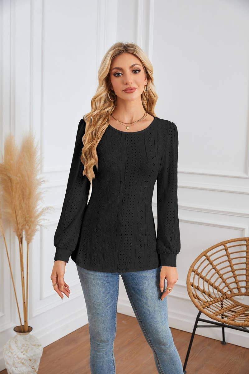 ROUND NECK T-SHIRT WITH HOLES AND PUFFY SLEEVES