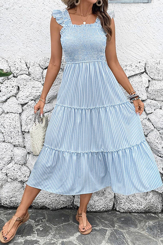 CWDMD5322_BACKLESS STRIPED RUFFLE HEM VACATION SUNDRESS