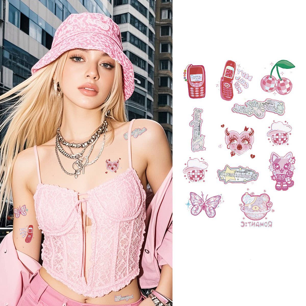 Pink Barbie Style Holographic Tattoo Stickers_CWMM8369