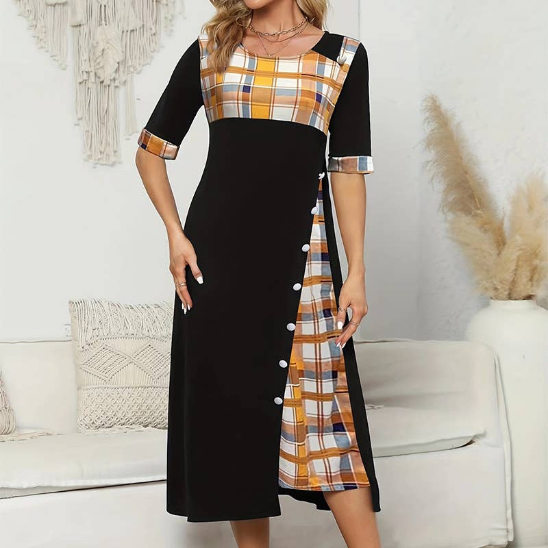 ROUND NECK COLOR CONTRAST IRREGULAR LONG DRESS