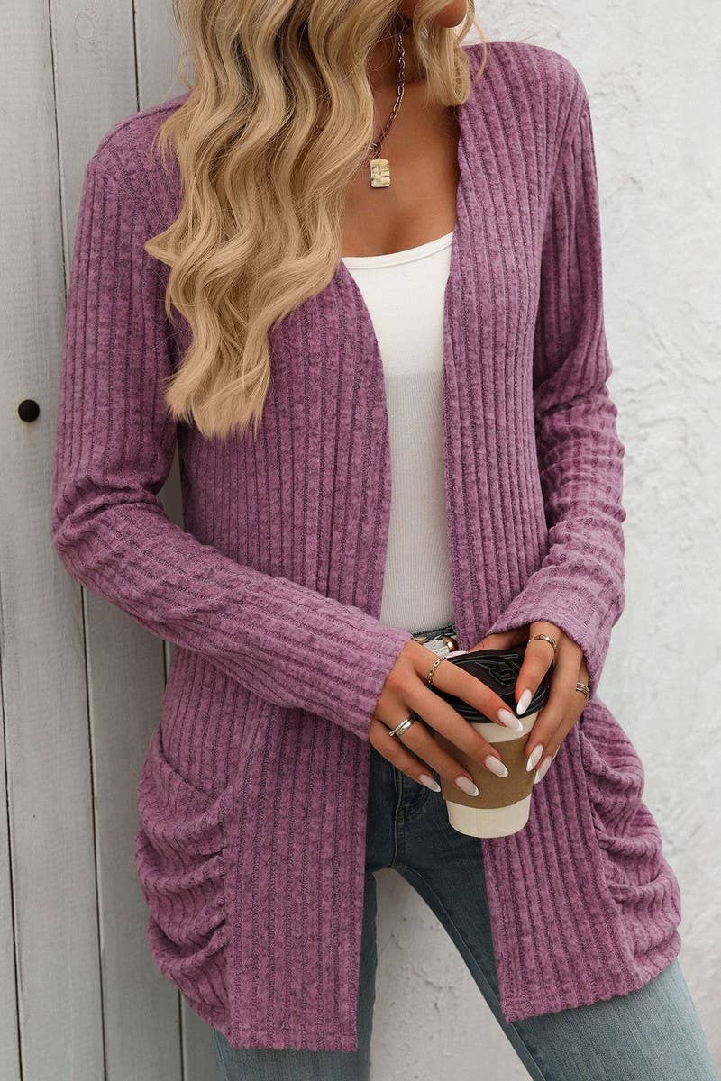 CWOCAL1308_SOLID COLOR RIBBED POCKET LONG SLEEVE CARDIGAN
