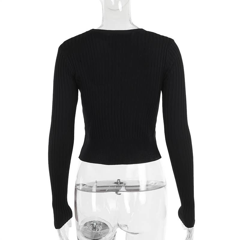 V-NECK WOOLEN LONG-SLEEVED SINGLE-BREASTED TOP