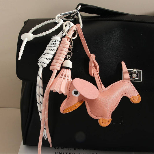 Cute Leather Dachshund Bag Charm with Shuttlecock