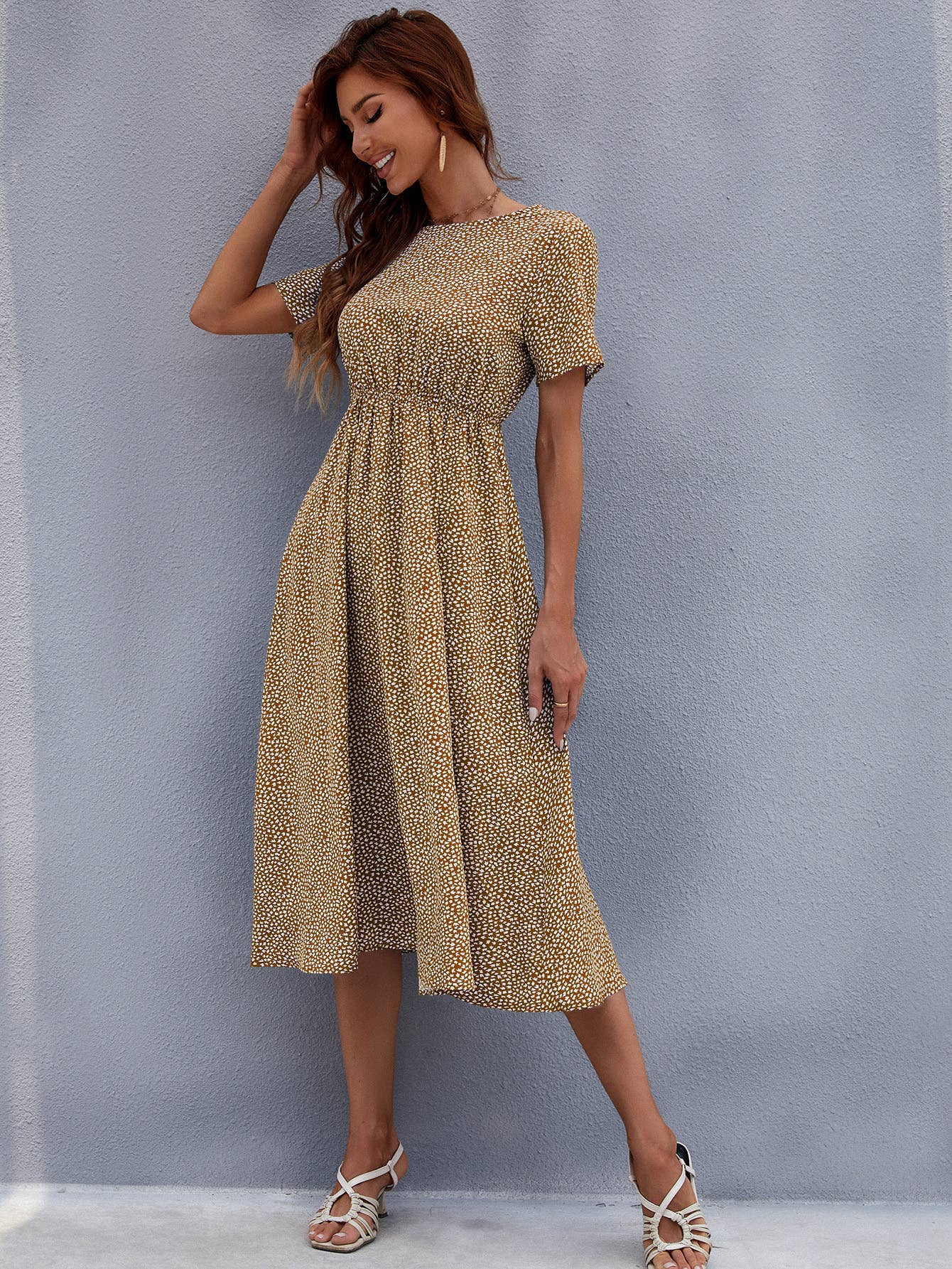 Round neck floral style waist long printed dress