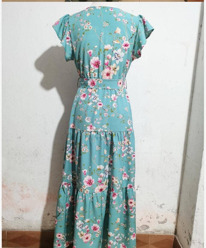Printed floral strap V-neck short sleeve dress