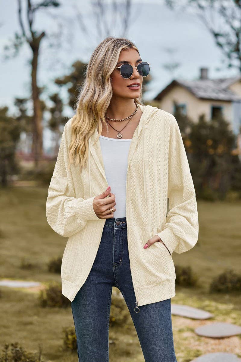 CWOCO0489_SOLID COLOR ZIPPERED MID-LENGTH HOODED COATS