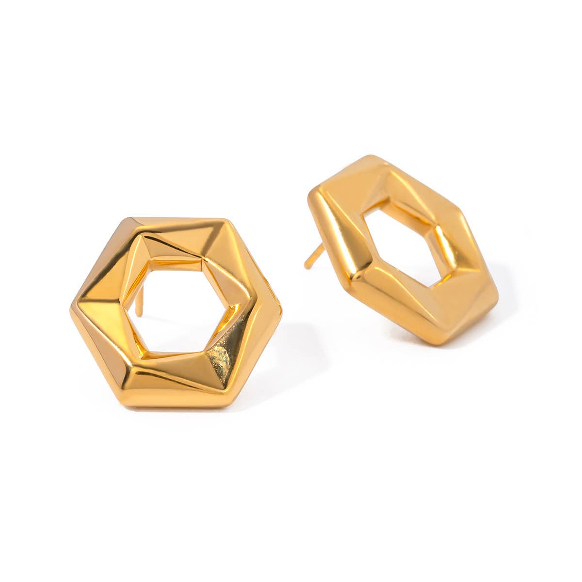SIMPLE 18K GOLD PLATED HEXAGONAL STUD EARRINGS_CWAHA0901