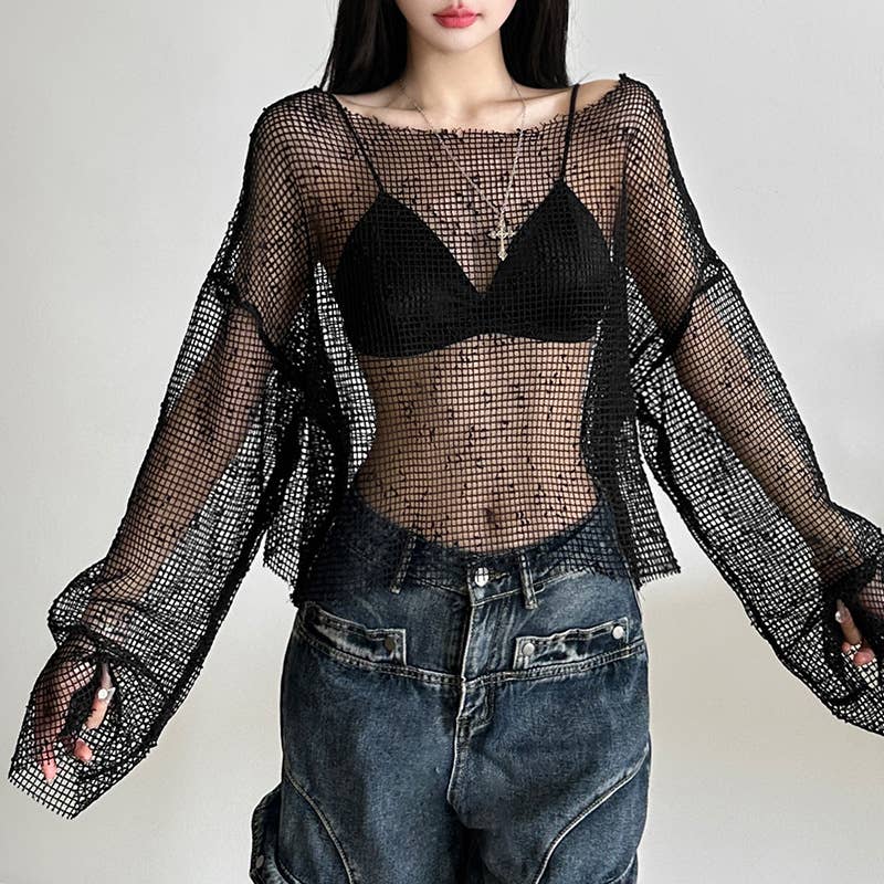 Sheer One Shoulder Mesh Long Sleeve Top