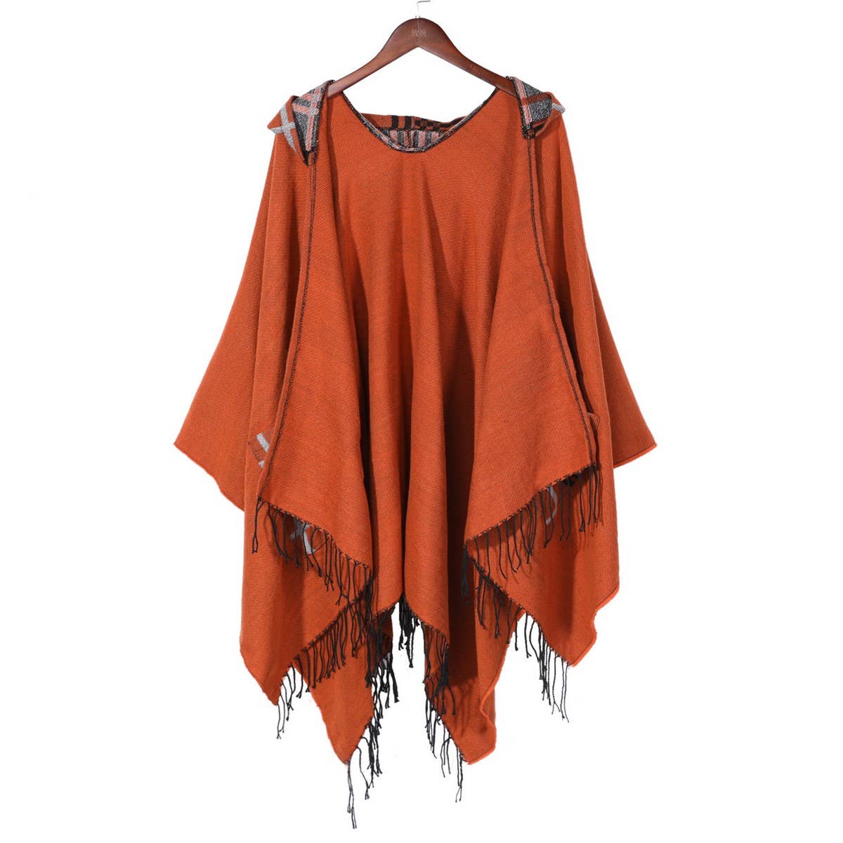 WOMEN HOODED TASSEL SPLIT SHAWL WRAPPED CLOAK