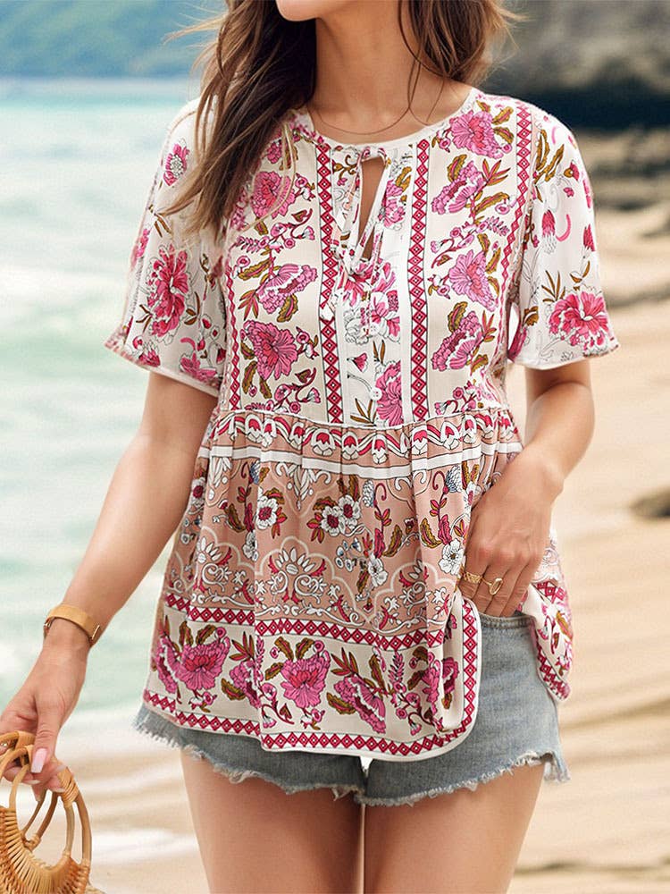 Lace-up printed lotus sleeve shirt