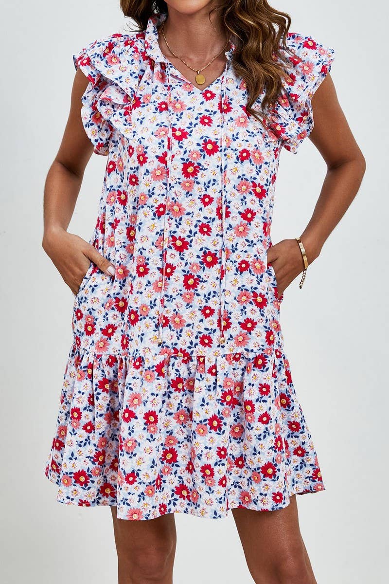 CWDSD7425_RUFFLED SLEEVELESS V-NECK PRINTED LAYERED DRESS