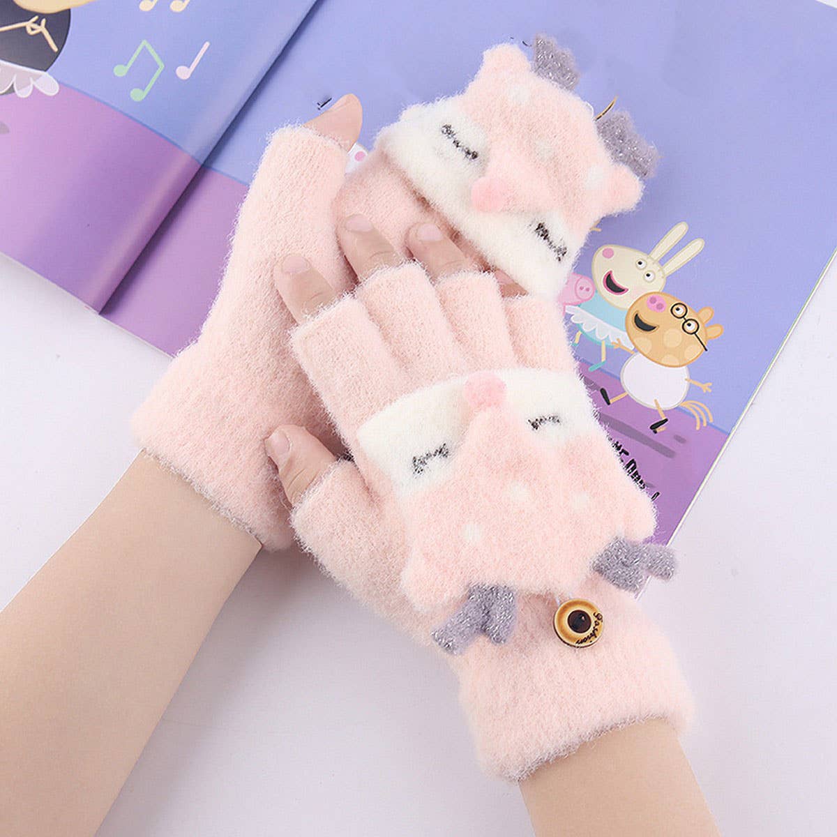 CARTOON HALF-FINGER FLAP KNITTED VELVET GLOVES_CWAG0238