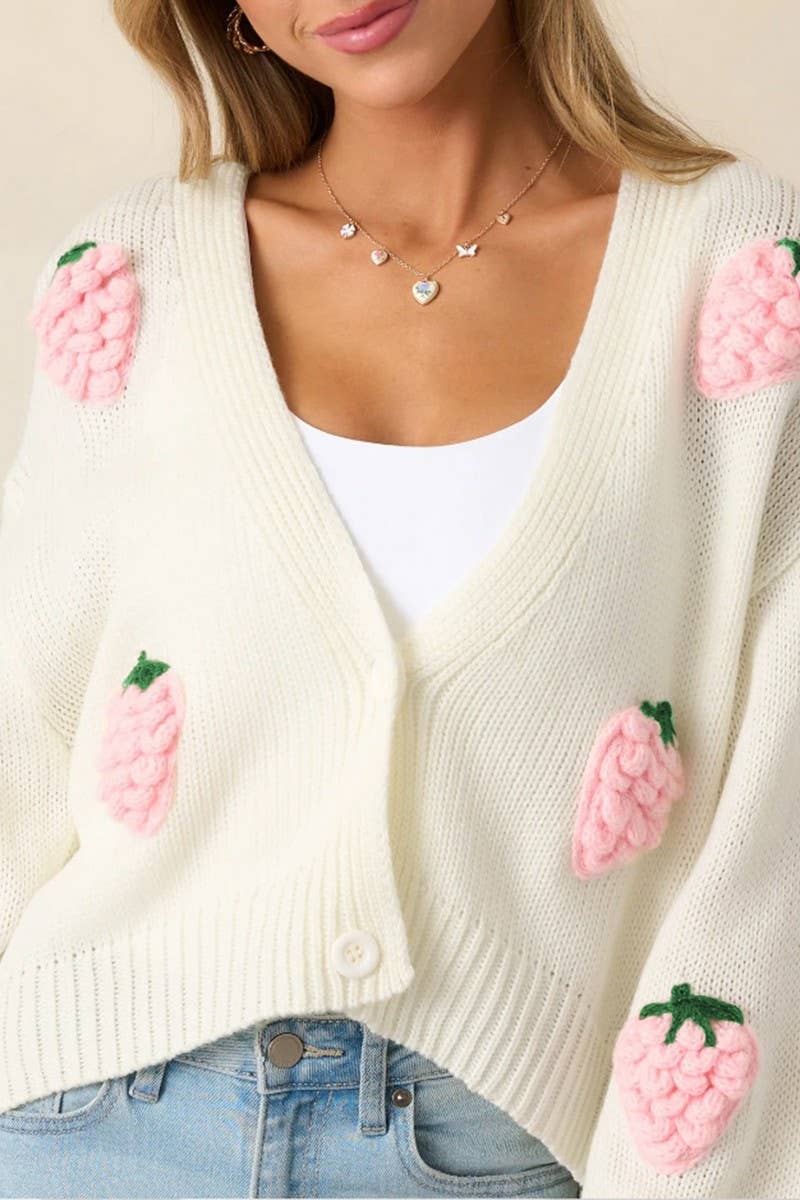 CWOCAL2353_3D STRAWBERRY PATTERN KNITTED CARDIGAN SWEATER