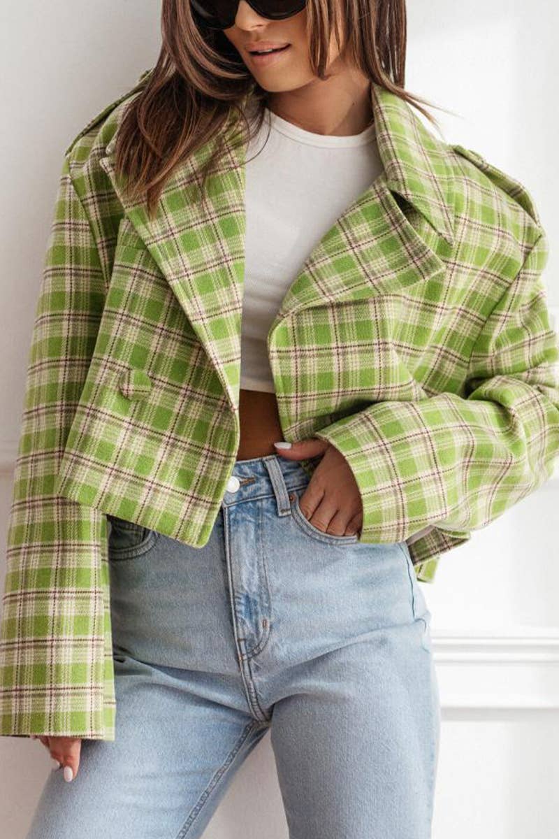 ENGLISH SUIT COLLAR PLAID PRINTED WOOLEN COAT