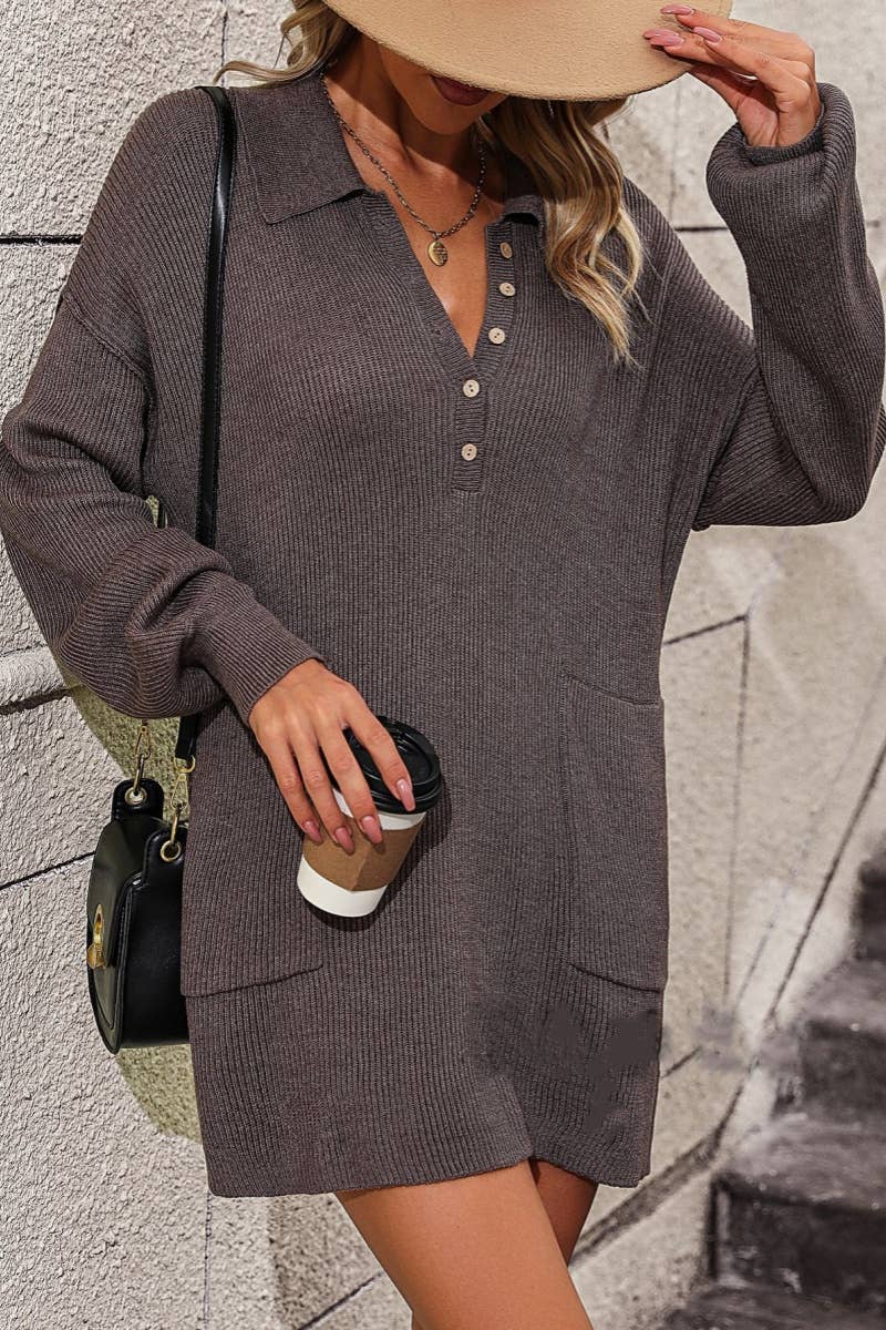 CWDSD6487_LAPEL BUTTON-DOWN LONG-SLEEVED SWEATER DRESS
