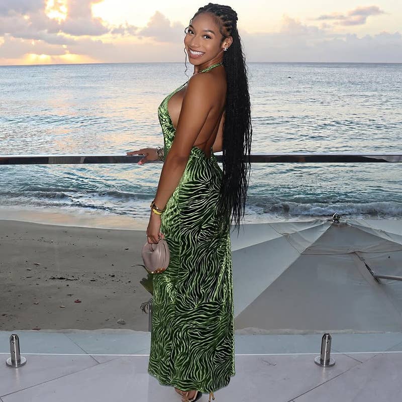 Backless V-Neck Halter Floral Bodycon Dress