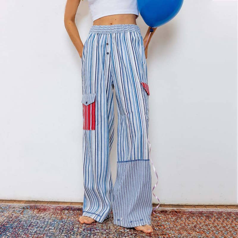 Plaid patchwork striped elastic-waist pants