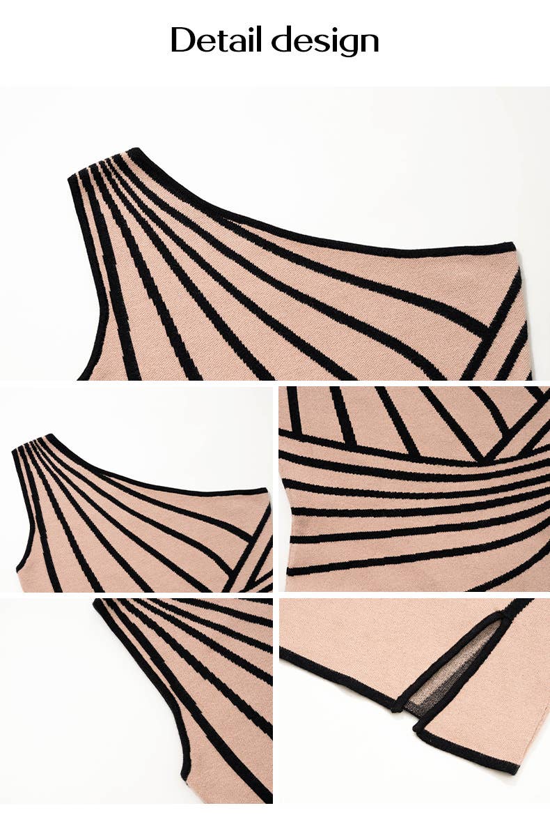 STRIPED SLANT SHOULDER DRESS WITH HIP SPLIT