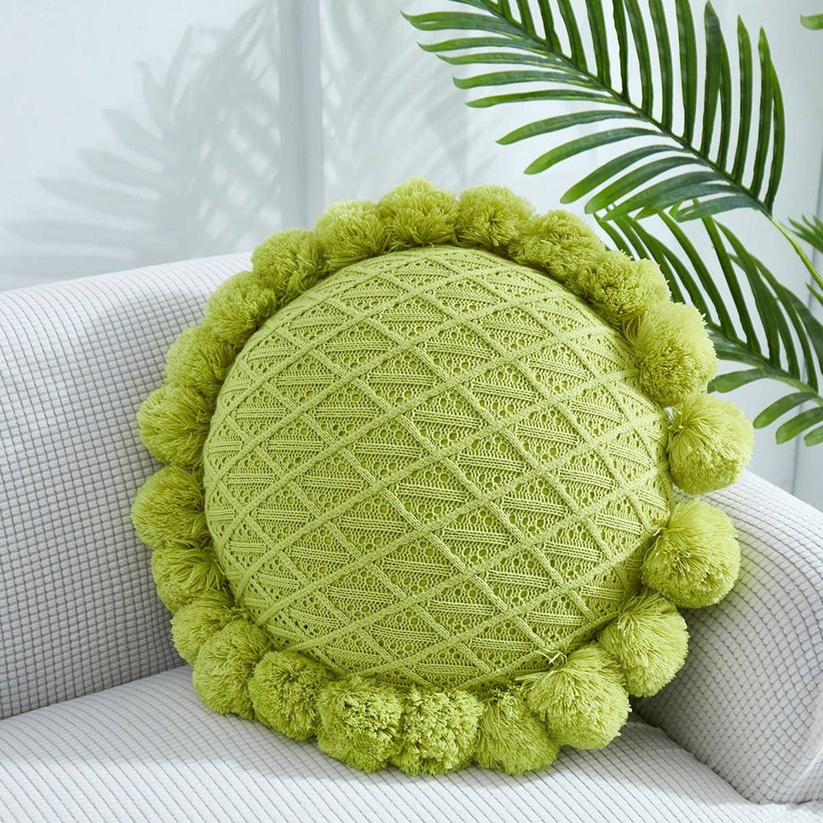 SOLID COLOR ROUND WOOL BALL KNITTED THROW PILLOW_CWMM2365