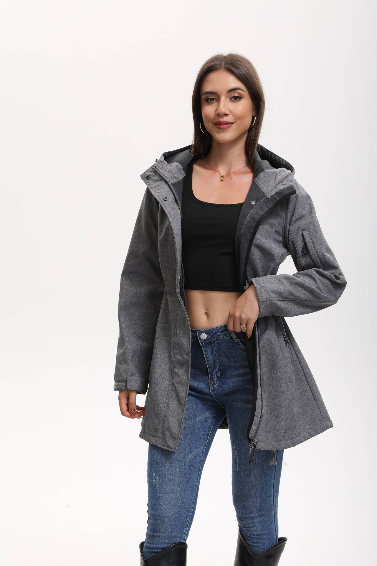 Hooded multi-pocket fleece down jacket