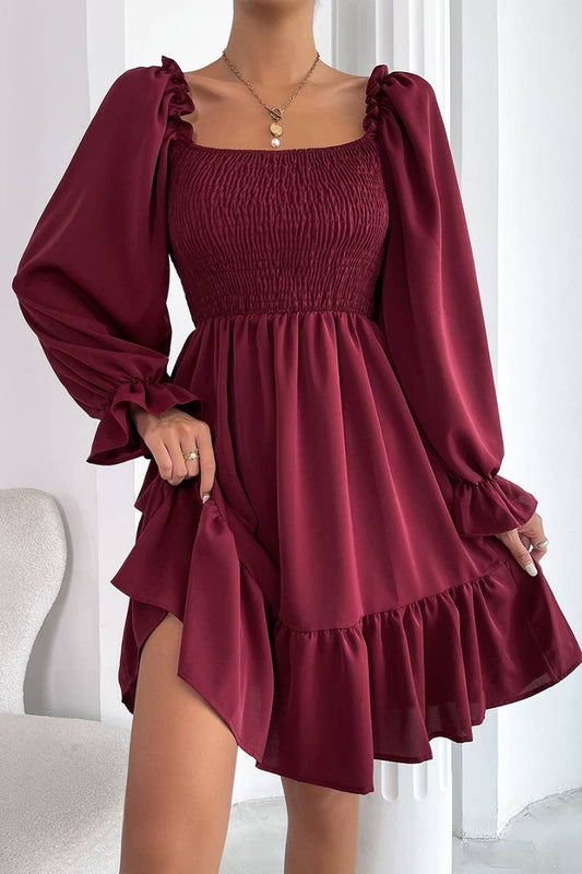 CWDSD6410_SQUARE NECK LONG SLEEVE PEPLUM DRESS SHORT