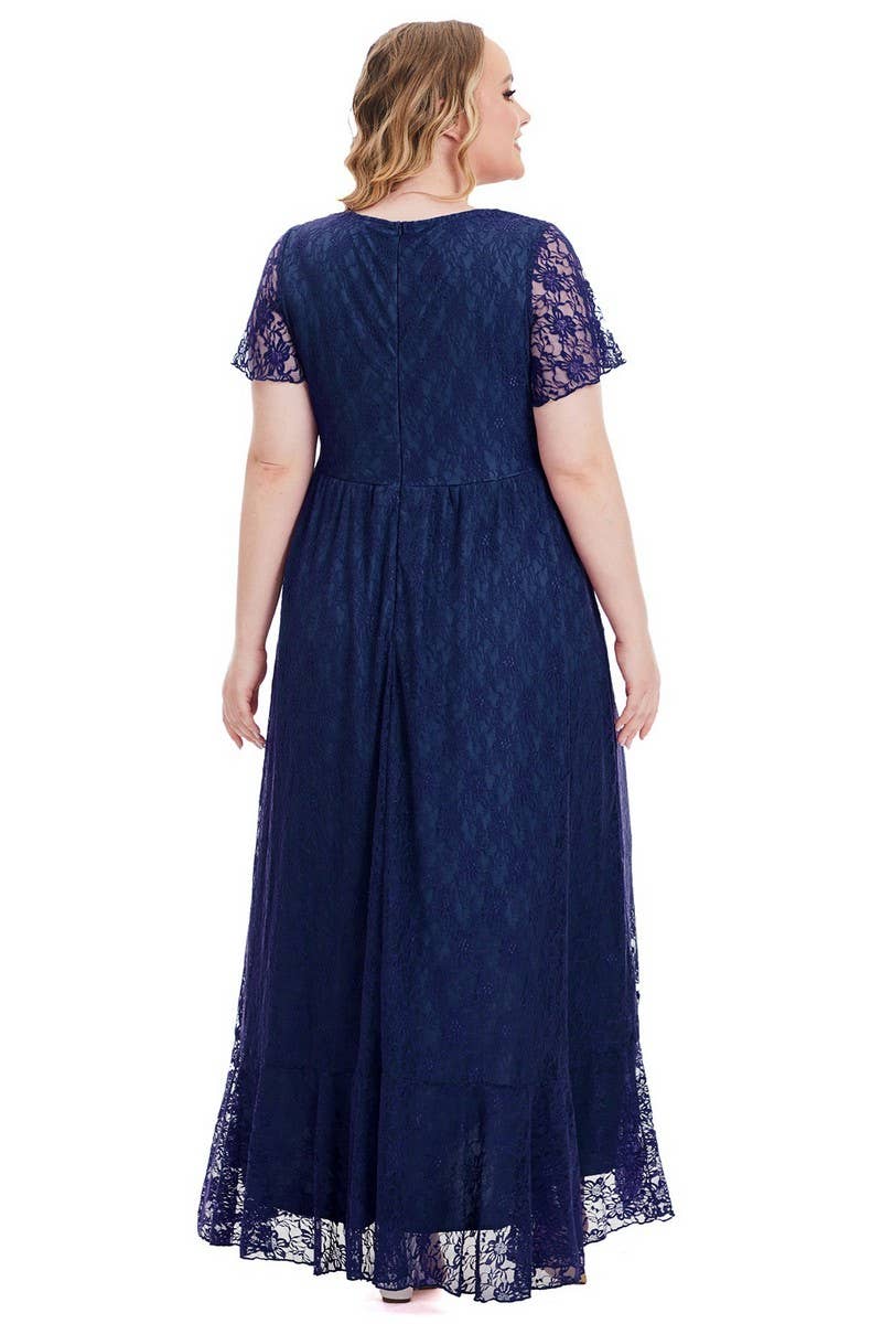CWDMD3206_PLUS SIZE V-NECK LACE LONG EVENING DRESS