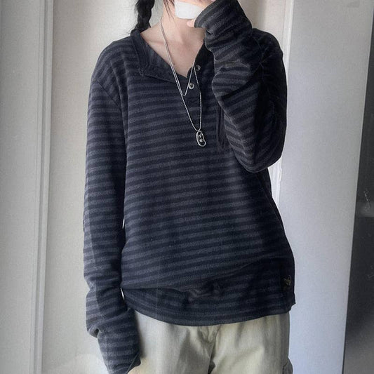 LAZY STRIPED AND BREASTED DESIGN PULLOVER HOODIE